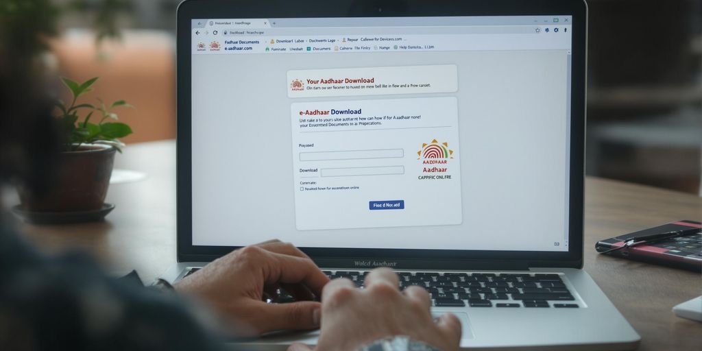 Person downloading e-Aadhaar on a laptop.
