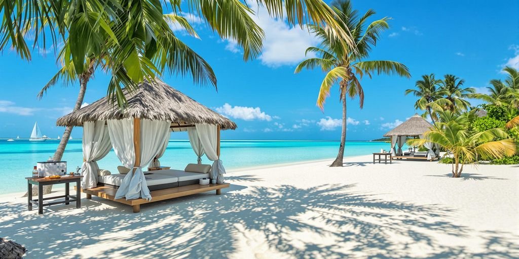 Luxurious beach cabana with palm trees and clear water.