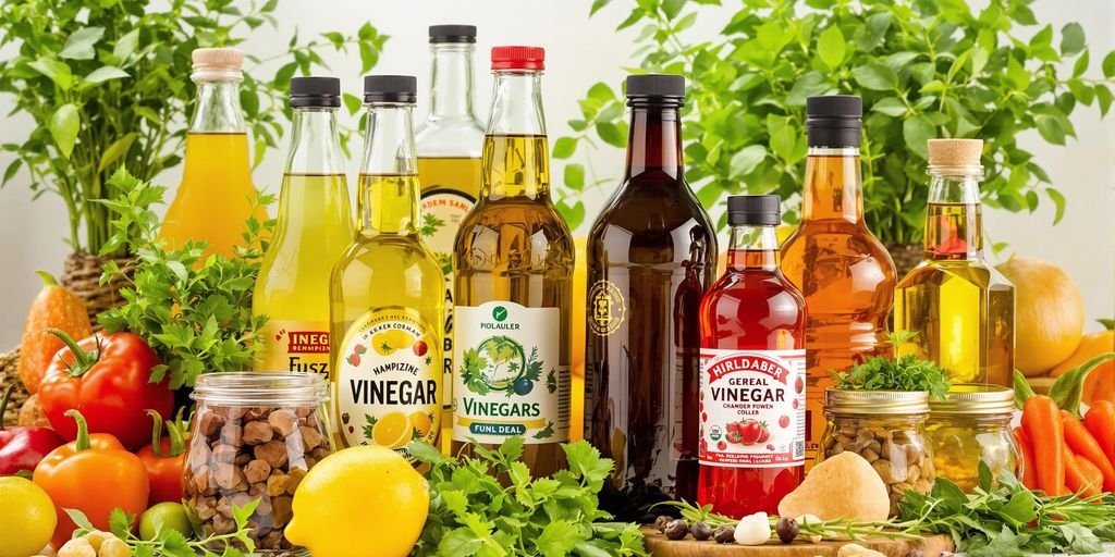 A variety of vinegar bottles with ingredients in a kitchen.