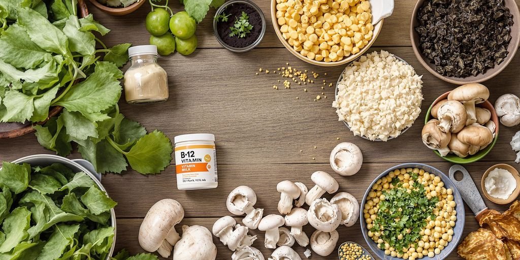 Colourful vegetarian foods high in Vitamin B12.