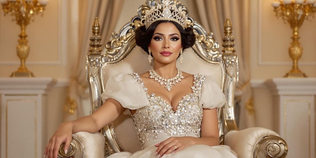 Elegant woman in gown on a luxurious throne.