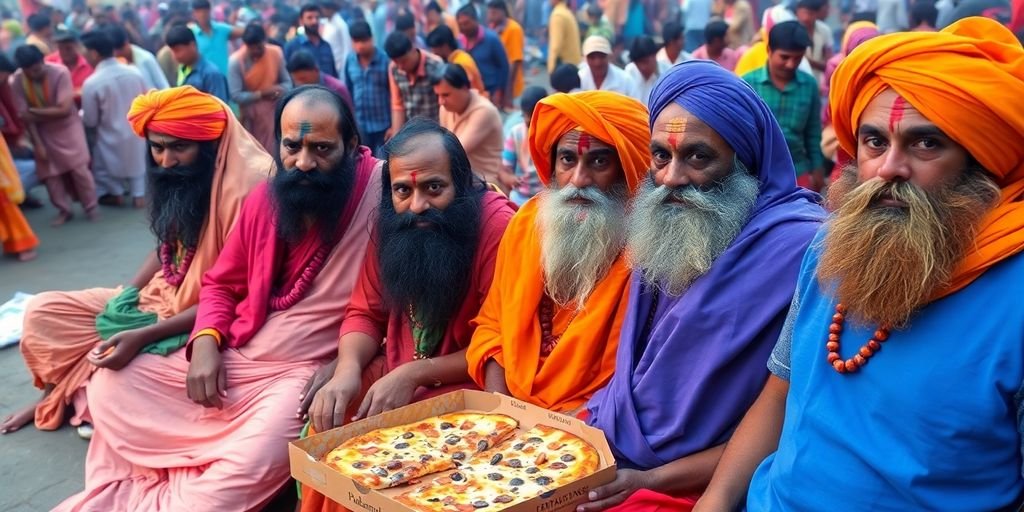Sadhus enjoying pizza at the Mahakumbh festival.
