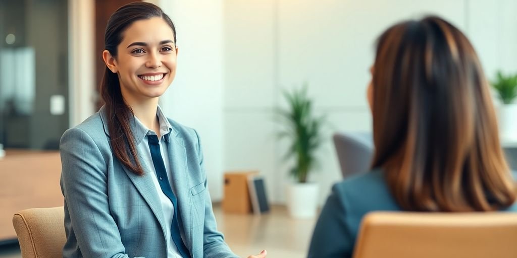 Confident candidate interviewing in a modern office setting.