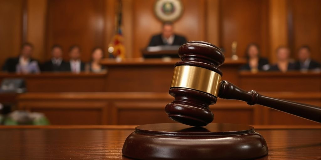 Courtroom scene with a judge and tense atmosphere.