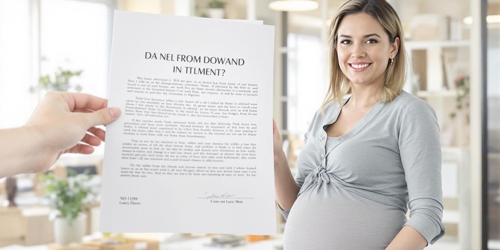 Pregnant woman with legal document in office setting.