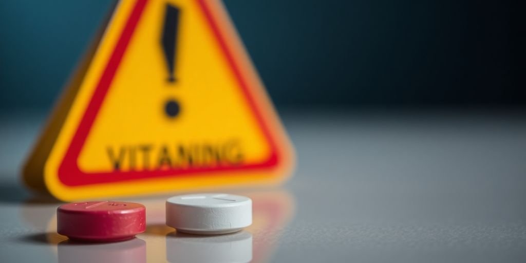 Vitamin B12 tablet with a warning symbol background.