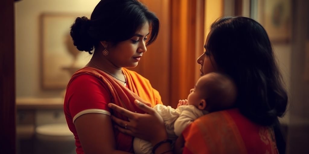 Mother and baby avoiding mirror reflection together.
