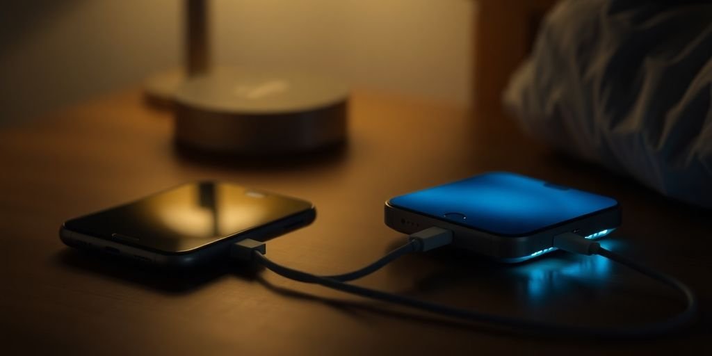 Smartphone charging overnight on a bedside table.