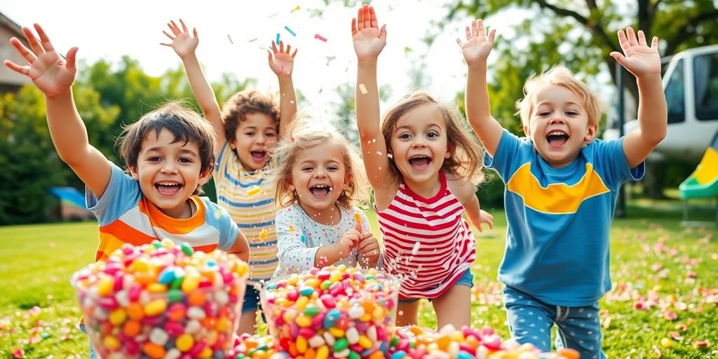 Children playing energetically with sweets and snacks.