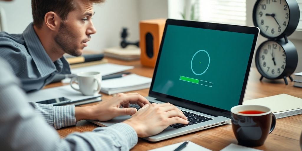 A frustrated person at a slow laptop desk.