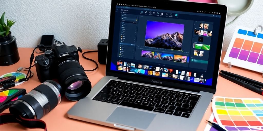 Photo editing tools on a workspace with laptop and camera.