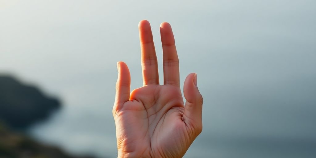 Hand in Hakini Mudra with serene background.