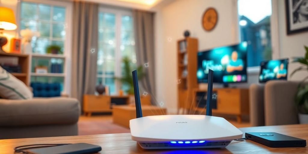 Router and devices illustrating home internet speed.