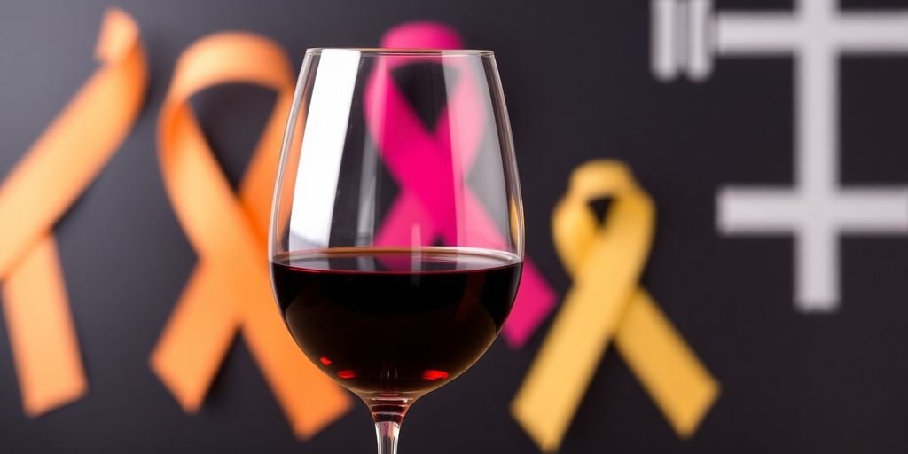 Glass of red wine with cancer awareness ribbons in background.