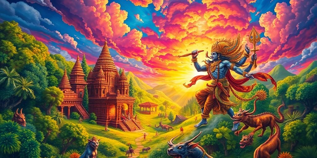 Dramatic scene from Ramayana with Rama and Ravana.
