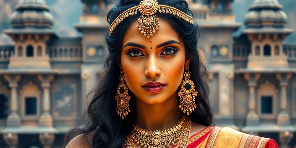 Draupadi in traditional attire and intricate jewellery.