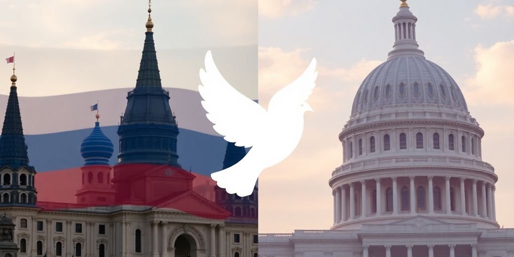 Kremlin and US Capitol with a peace dove overlay.