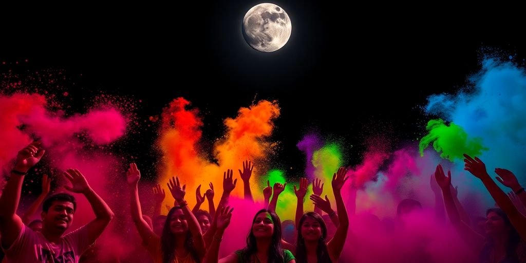 People celebrating Holi with colors under a lunar eclipse.