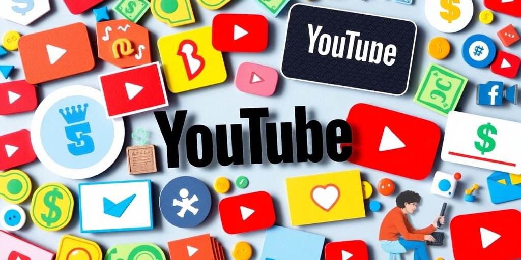 Bright icons of money and YouTube logos.