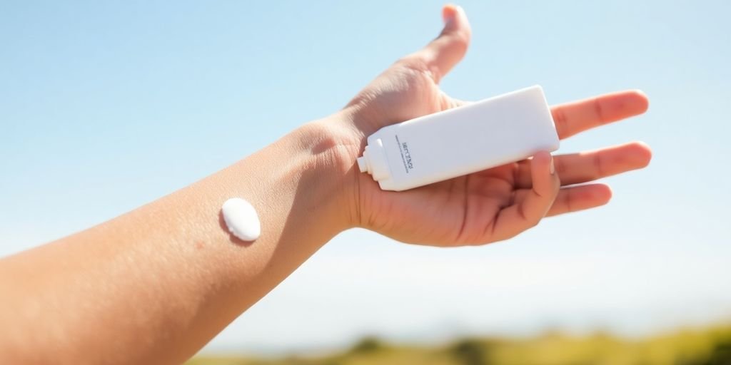 Hand applying sunscreen on arm under bright sunlight.