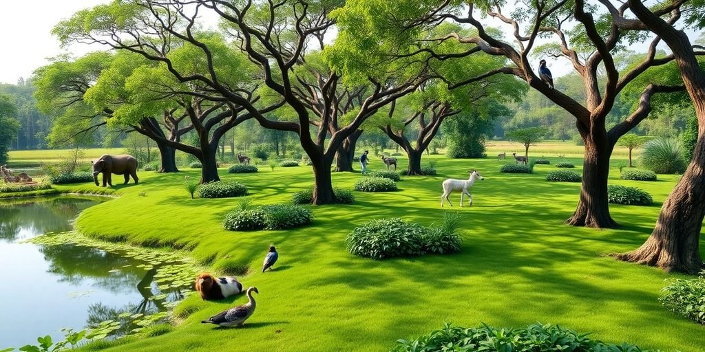 Lush green sanctuary with diverse wildlife and tranquil water.